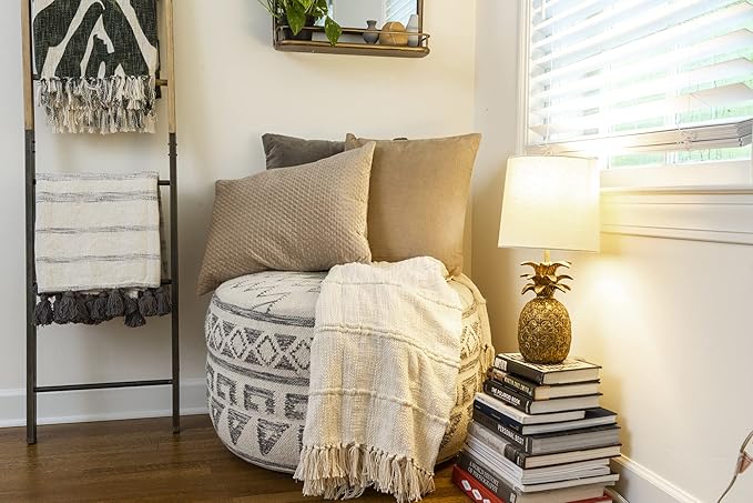 Creative Co-Op Round Wool Blend Kilim Pouf with Geometric Design, Grey