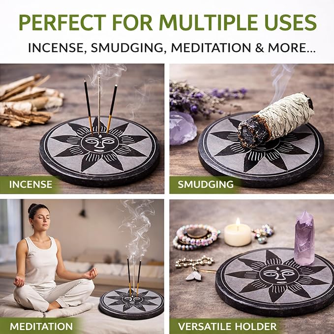 Marble Black Soapstone Incense Stick Holder | Handmade Round Incense Burner with Sun Carving | Decorative Ash Catcher for Home, Office, Meditation & Puja Décor