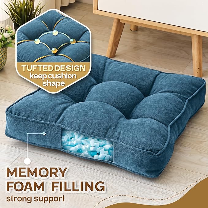 Floor Pillow Set of 2, Memory Foam Floor Cushions for Adults, Large Meditation Pillow for Sitting, 22 x 22 Inches (Square | Navy)
