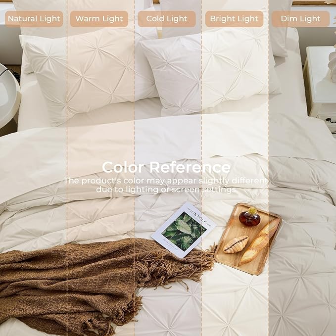 Sasttie King Size Comforter Set, 7-Piece Bed in a Bag, Pintuck Bedding Set for All Season, Includes Comforter, Flat Sheet, Fitted Sheet, Pillowcases and Pillowshams, Beige
