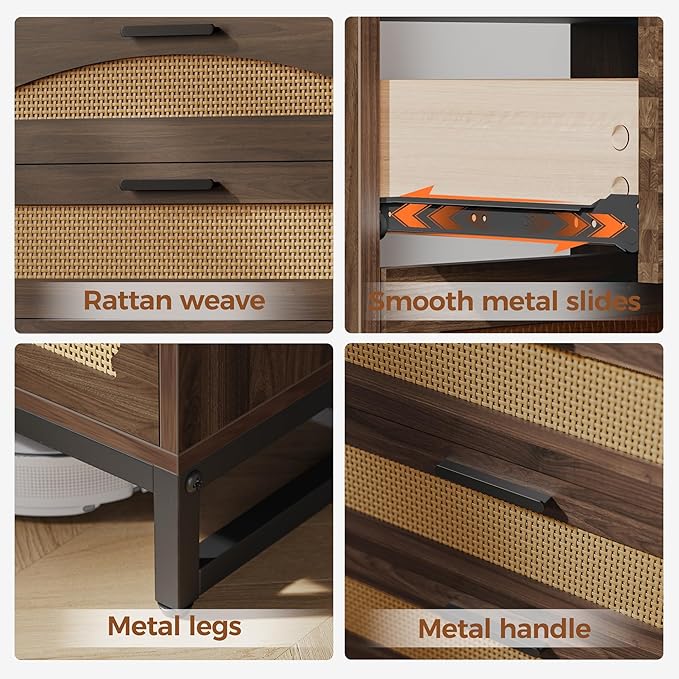 Mericonia 4 Drawer Rattan Dresser for Bedroom, Wood Tall Dresser for Closet with Metal Handles, Boho Nightstand Sets, Dressers & Chests of Drawers for Bedroom, Hallway and Entryway, Walnut