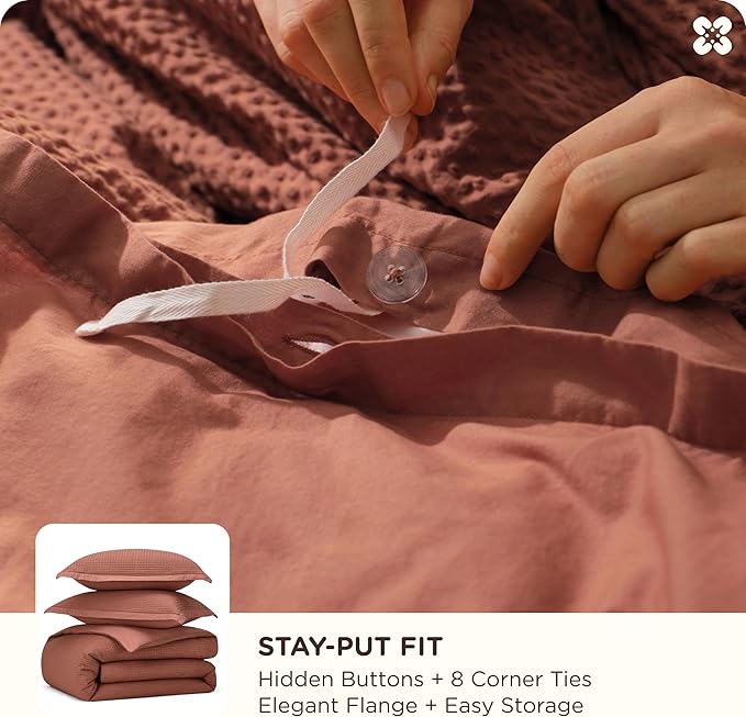 Bedsure Cotton Duvet Cover Queen - 100% Cotton Waffle Weave Burnt Orange Duvet Cover Queen Size, GentleSoft™ and Breathable Bedding Set for All Season, 3 Pieces, 90"x90"