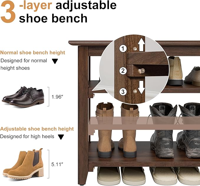 Shoe Rack Bench, 4-Tier Shoe Shelf Organizer, 47.2" Entryway Storage Bench for Hallway, Bedroom, Living Room, Bedroom, Hold up to 550 lbs, Solid Wood, Dark Brown