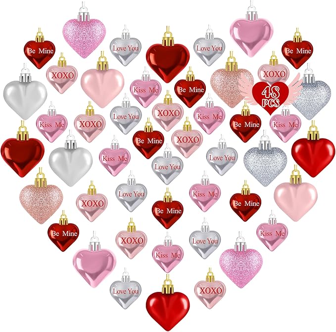 48pcs Valentine Ornaments for Tree, Colorful Heart Shaped Ornaments, Glitter Valentine Tree Decorations, Heart Shaped Hanging Baubles for Valentines Wedding Party Decor