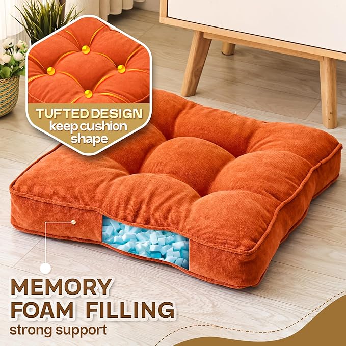 Floor Pillow Set of 2, Memory Foam Floor Cushions for Adults, Large Meditation Pillow for Sitting, 22 x 22 Inches (Square | Orange)