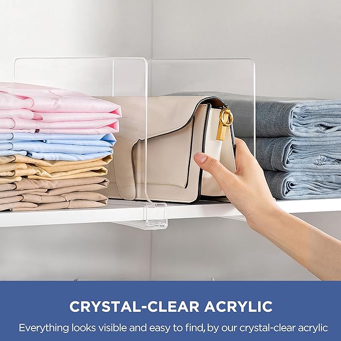 HBlife 16 Pack Clear Shelf Dividers, Vertical Purse Organizer for Closet Perfect for Sweater, Shirts, Handbags in Bedroom and Kitchen, Adjustable Acrylic Bookshelf for Organization