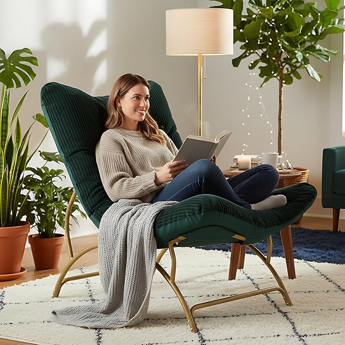Welnow Accent Lounge Lazy Chair, Comfy Soft Leisure Metal Frame Reading Chair, Upholstered Thick Cushion Seated Recliner Sofa for Living Room, Bedroom, Dorm, Dark Green