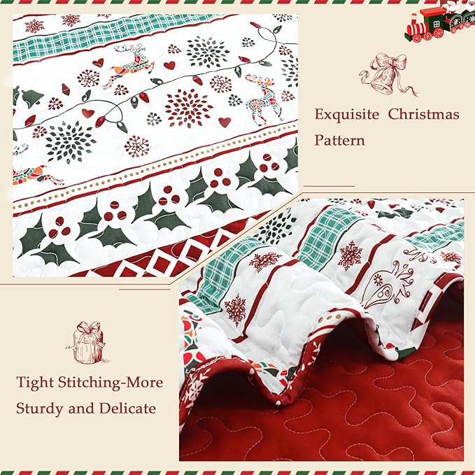 Exclusivo Mezcla Reversible Christmas Quilts King Size, Red Bedspread Lightweight Coverlet Winter Quilt Bedding Set with Printed Striped Flowers Reindeer Pattern (1 Quilt, 2 Pillow Shams)