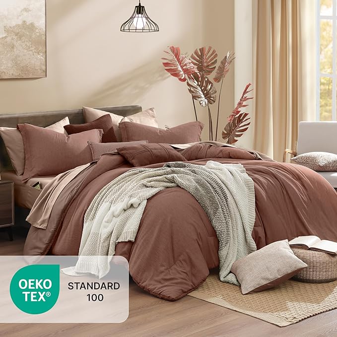 Monbix Queen Comforter Set - 7 Pieces Cationic Dyeing Terracotta Bed in a Bag Queen Bedding Sets with Comforter, Sheets, Pillowcases & Shams, Reversible Bedding Comforters Sets