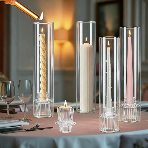 12 Set Glass Hurricane Candle Holders - 12" Tall Clear Glass Candlestick Holders for Taper Candles with Cylinder Chimney for Wedding, Party, and Home Table Centerpiece Decoration
