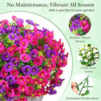 MARTINE MALL 24 Bundles Look Real Artificial Flowers for Outdoors, Realistic Fake Outdoor Flowers, UV Resistant Silk Petunia Flowers for Outside Faux Flowers Plants for Outdoor Porch, Purple+Fuchsia