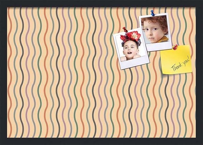 PinPix 26x18 Inch Cork Bulletin Board. This Decorative Framed Pin Board Comes with Multi Color Waves Design and a Satin Black Frame. Ideal for Home Office Decor or Message Board (PinPix-565)