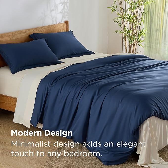 Bedsure 100% Rayon Derived from Bamboo Duvet Cover Queen Size - Lightweight Silky Cooling Comforter Cover Set for Hot Sleepers, Breathable & Moisture-Wicking Bedding Set, Navy