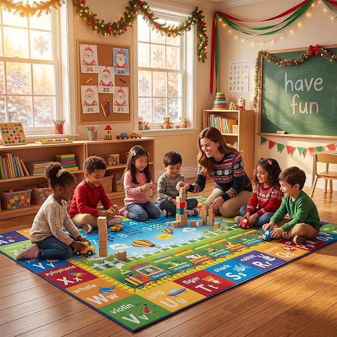 Unirea 5x7 Kids Rug for Playroom Bedroom Classroom, Washable Educational Play Mat with ABC Alphabet, Numbers, Animals for Living Room, Nursery, Colorful Learning Carpet for Toddlers, Rainbow