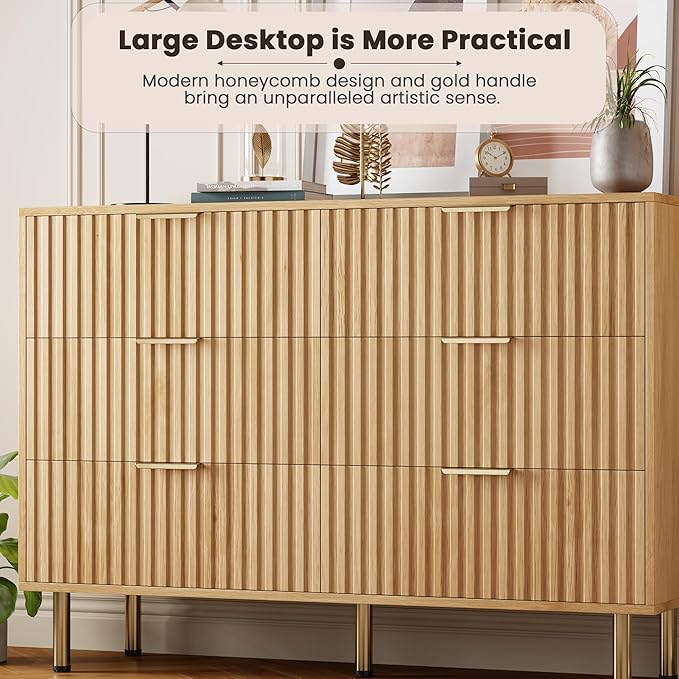 GarveeHome Natural 6 Drawer Dresser for Bedroom, Fluted 47.2 in Wide Modern Chest of Drawers with Deep Drawers, Long Large Double Dresser TV Stand for Living Room, Hallway, Kids Room