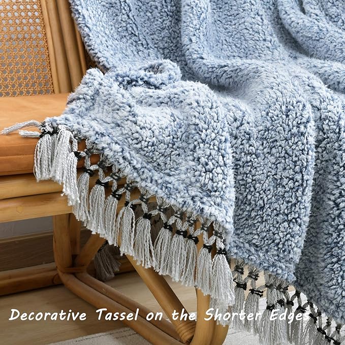 Ultra Soft Cozy Sherpa Throw Blanket, Light Weight Warm Decorative Throw Blanket with Tassel, 2 Tones Ombre Navy Blue Pattern Reversible Boho Style Blanket for Sofa, Couch, Bedroom,Travel, 60”x80”