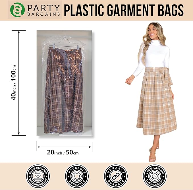 Party Bargains 40x20 Inch Clear Plastic Garment Bags, 100 Pack