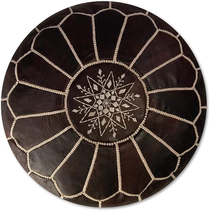 Premium Moroccan Leather Pouf - Handmade - Delivered Stuffed - Ottoman, Footstool, Floor Cushion (Dark Brown)
