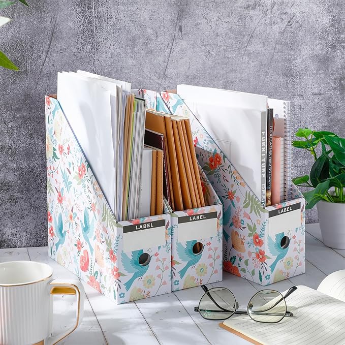 Thenshop 24 Pcs Cardboard Magazine File Holders Magazine Book Bin Box with Label Sticker Paper Organizer Storage Folder for Desk Shelves School Classroom Office Supplies (Floral,Multicolor)