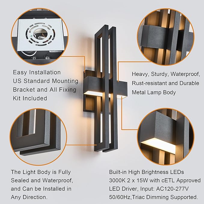 23Inch Large Modern Minimalist Outdoor Wall Light, IP65 Waterproof, 3000K Warm White, 2x15W Integrated LED, Textured Black Finish for Garden, Garage, Patio & Indoor Use