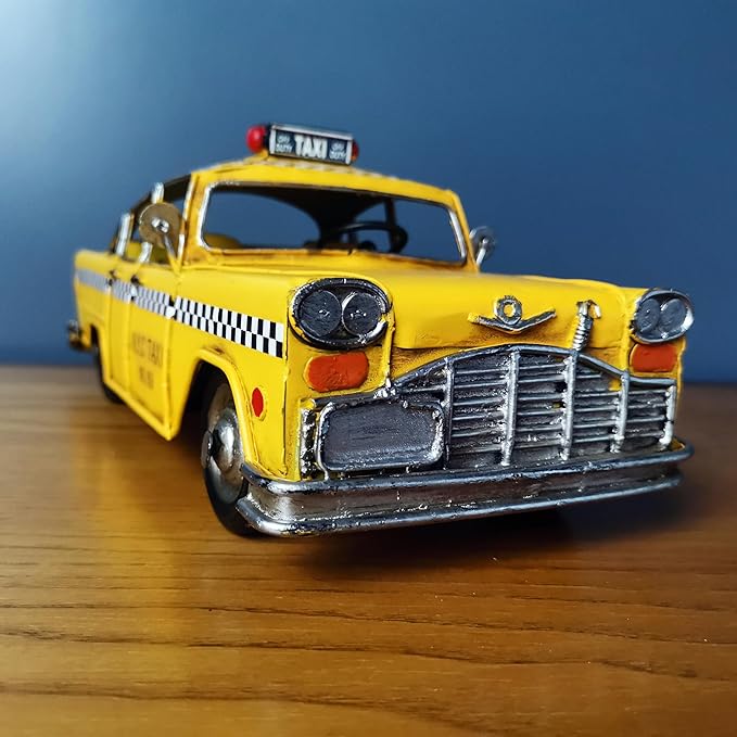 Retro Handmade Yellow NYC Classic Checkered Taxi Cab Model 11" L New York City Taxi Model Hand Made Metal Collectible Vehicle Model for Showcase Decor