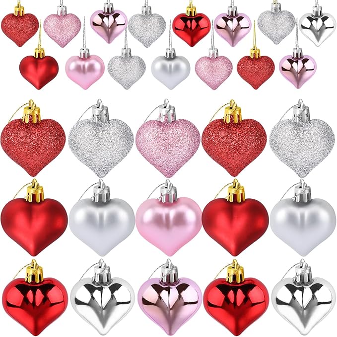 JULMELON 24Pcs Valentine's Day Heart Shaped Ornaments Romantic Valentines Heart Hanging Tree Ornaments Decorations for Home Valentine Tree Wedding Party (Red, Pink,Rose Gold and Silver)