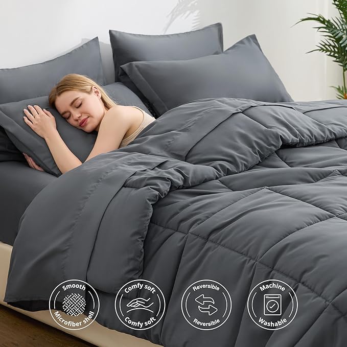Love's cabin Twin Comforter Set Soot Grey, 5 Pieces Twin Bed in a Bag, All Season Bedding Sets with 1 Comforter, 1 Flat Sheet, 1 Fitted Sheet, 1 Pillowcase and 1 Pillow Sham