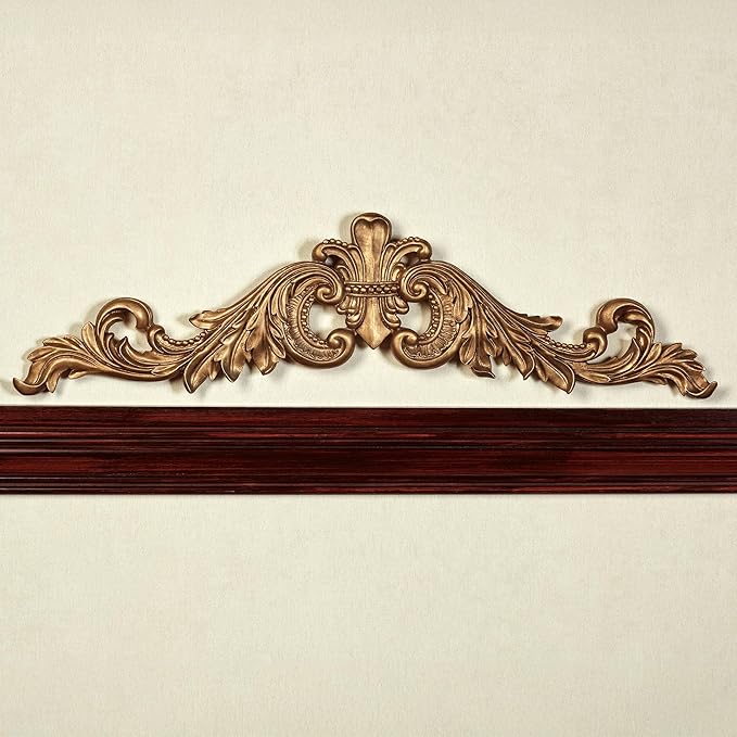 Salvatar Wall Art Topper | Large, Wide Doorway Design | Antique Aged Gold Metallic Finish | Openwork Acanthus Leaf Scrolls with Ornate Fleur De Lis | Hang Alone or Above A Door, Window, or Artwork