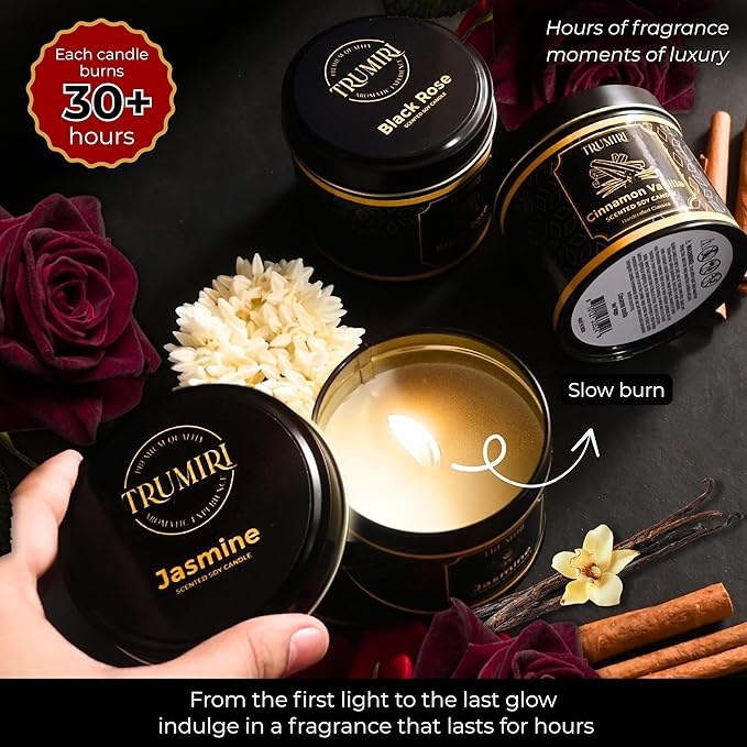 Candle Gift Set of 3 Cinnamon Vanilla|Jasmine|Black Rose Strong Scented Soy Candels Natural Non Toxic Velas Aromáticas Favors for Women Coworkers Friends Guests Also for Diwali Christmas Holidays