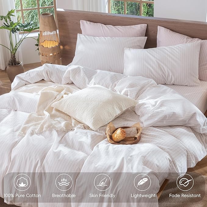 MooMee Striped Duvet Cover Set 100% Washed Cotton Linen Like Textured Breathable Durable Soft Comfy (White Heathered Greyish Pink Wide Stripes, Oversized Full 82"x86")