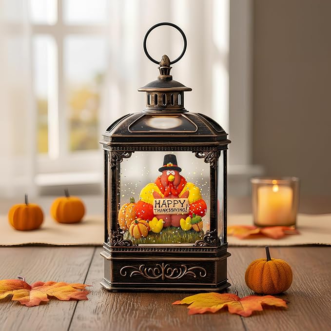 Fall Snow Globe Lantern -Thanksgiving Turkey with Pumpkins Spinning Water Lantern with Swirling Glitter Fall Decorations for Home, Thanksgiving, Autumn Harvest Fall Decor
