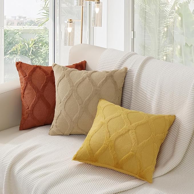 decorUhome Spring Euro Sham Throw Pillow Covers 24x24 Inch Set of 2, Soft Plush Faux Fur Wool Mustard Yellow Couch Pillow Covers, Decorative Neutral Pillow Cases for Bed Sofa Living Room Home Decor