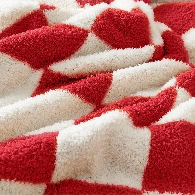 CozeCube Super Soft Fullfy Microfiber Reversible Knitted Blankets, Warm Cozy Fuzzy Plush Throw, Christmas red and White Checkered Throw Blanket for Couch Bed Sofa, 60" x 80"