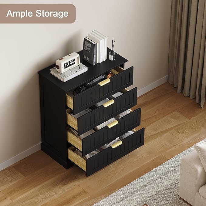 4 Wooden Drawer Dresser for Bedroom Storage, Modern Farmhouse Wood Chest of Drawers with Metal Handles, Wide Storage, Cabinet for Closet, Living Room, or Entryway Black