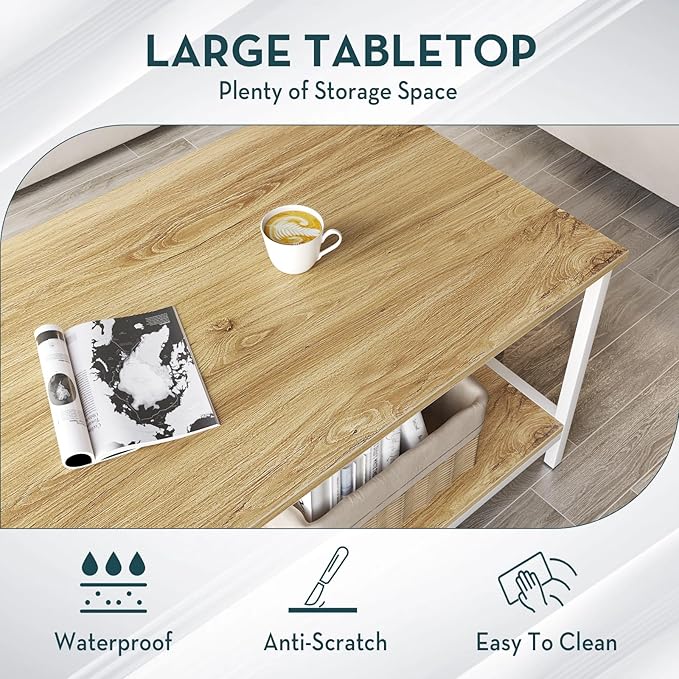SAYGOER Coffee Table with Storage 2-Tier Industrial Center Table for Living Room, Rectangle Wood Table for Small Spaces Apartment Home Office, Beige White