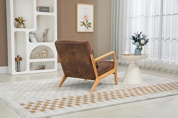 KEIKI Mid Century Modern Accent Chair, Upholstered Reading Chair with Extra Lumbar Pillow, Natural Jute Fabric, Easy Assembly