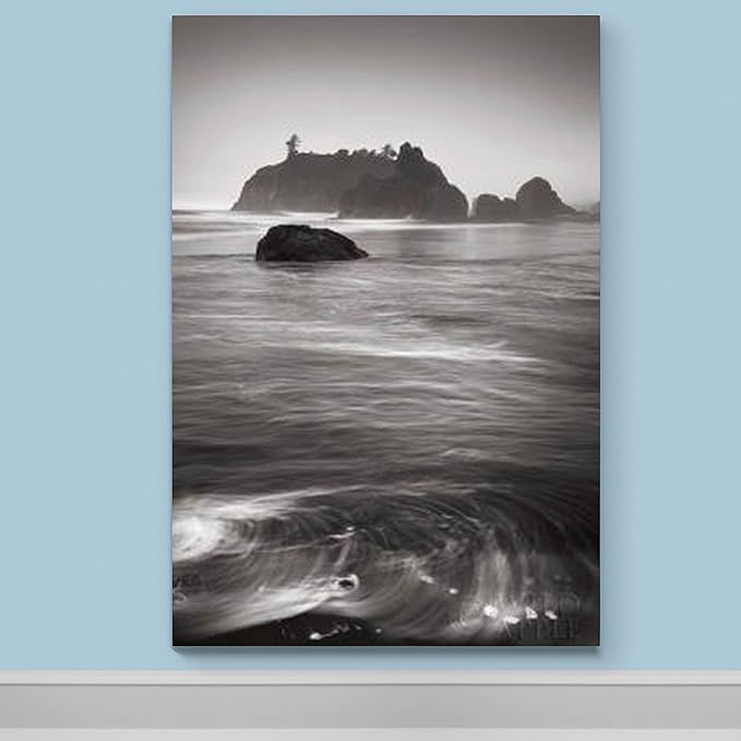 Renditions Gallery Canvas Nature Wall Art Modern Paintings Decorations Vintage Calm Ocean Rock Black & White Wall Hanging Scenic Artwork for Bedroom Dining Office Kitchen - 18"x27" LT06