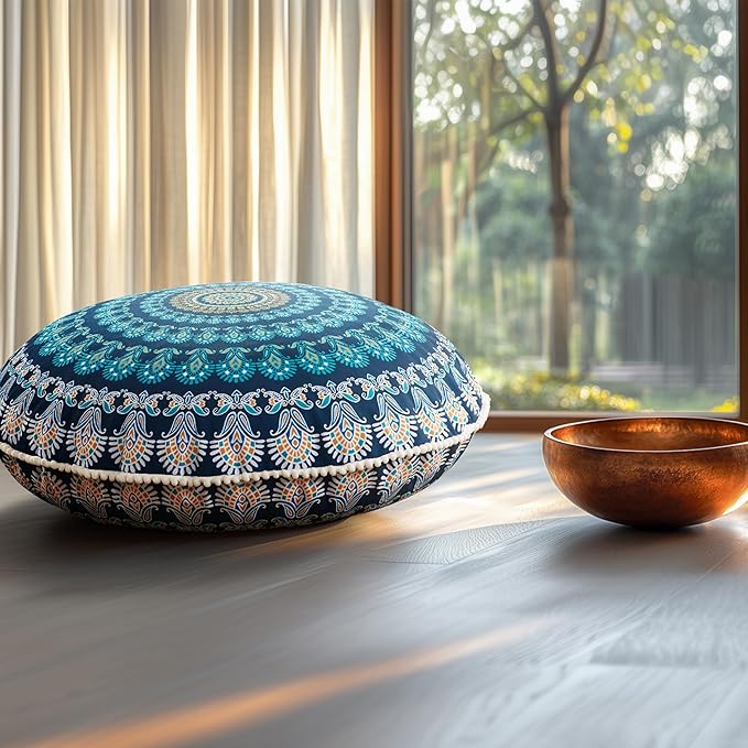 Codi Meditation Floor Pillow Set of 2, Round Large Pillows Seating for Adults, Bohemian Mandala Circle Cushion for Outdoor Fireplace Yoga Living Room, 32 Inch, Memory Foam Added, Navy