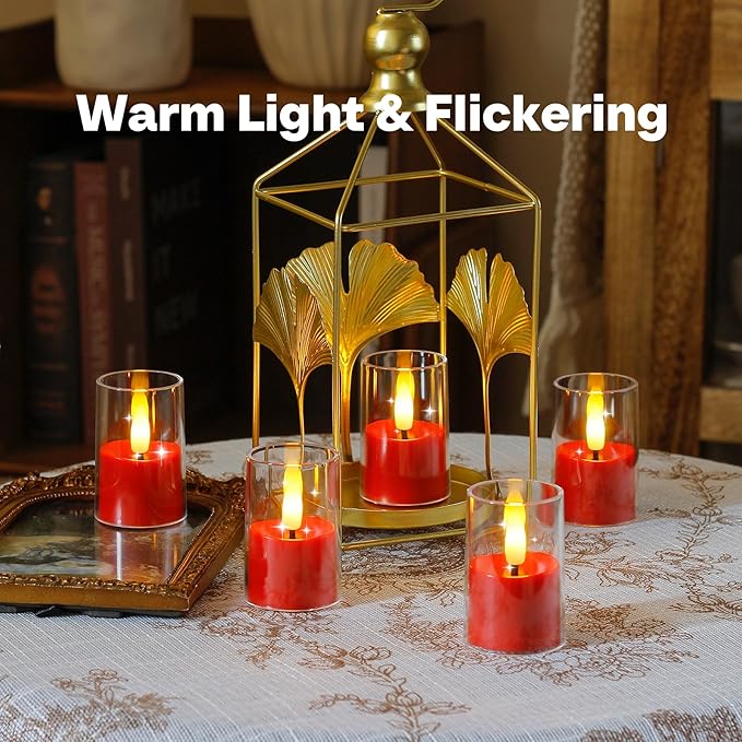 8pcs Battery Operated 1.7" x2.5" Clear Acrylic Remote LED Tea Lights, Flameless 2/4/6/8h Timer Fake Red Bulk Votive Candles with Batteries, Flickering Warm Light Pure Plastic Tealights
