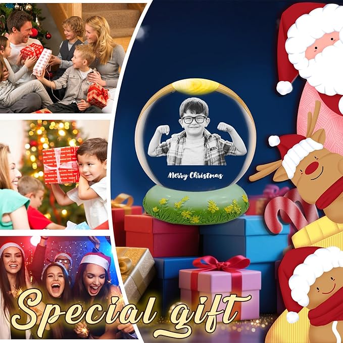 Custom Snow Globes with Photo Name Christmas Snow Globes with Light-Up Base Personalized Engraving Crystal Snowglobe Gifts for Family Women Men Kids Xmas Gift (Custom Snow Globe)