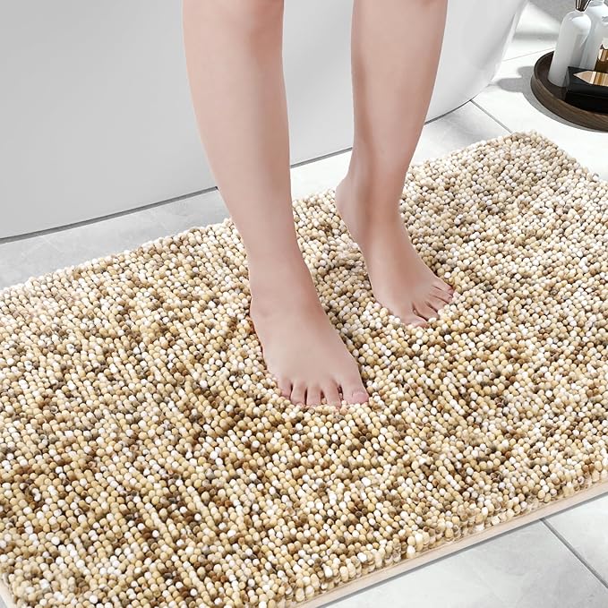 Yimobra Luxury Bathroom Rugs, 47x24, Extra Soft Chenille Mats for Bathroom Non Slip, Fluffy Long Matts for Tub, Plush Shaggy Carpet Runner, Water Absorbent, Machine Washable, Beige & Light Coffee
