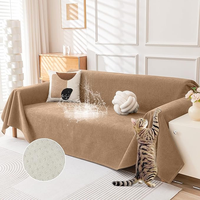 Deep Dream Cat-Scratch Resistant Couch Cover, Waterproof Sofa Cover for 3 Cushion Couch Washable, Pet Friendly Couch Protectors Anti Slip Thickened Sofa Slipcovers for Dogs Pets, 71" x 134", Brown