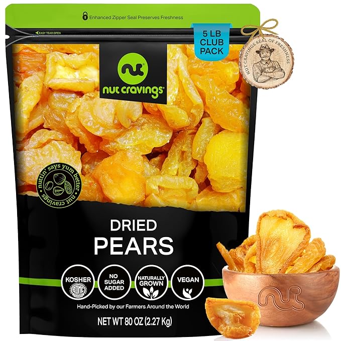 NUT CRAVINGS - Dried California Pears, No Sugar Added, Unsweetened (80oz, 5 LB, Bulk) Tu Bishvat Favorite - Sweet Healthy Snack, Vegan, Kosher, Resealable Bag