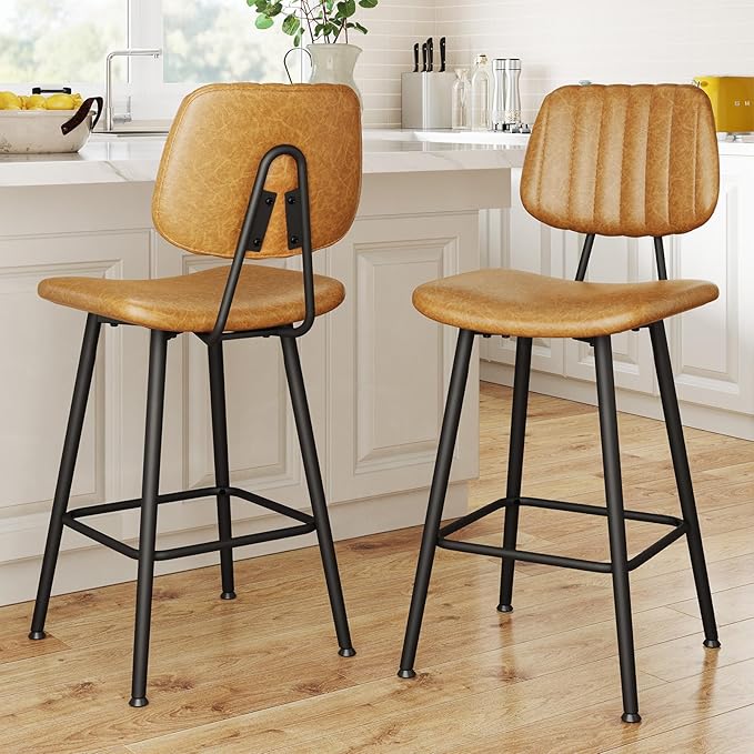 24-Inch Leather Bar Stools Set of 2, Counter Height Barstools with High Backrest，Bar Chairs for Kitchen Island with Heavy Duty Metal Legs, Brown
