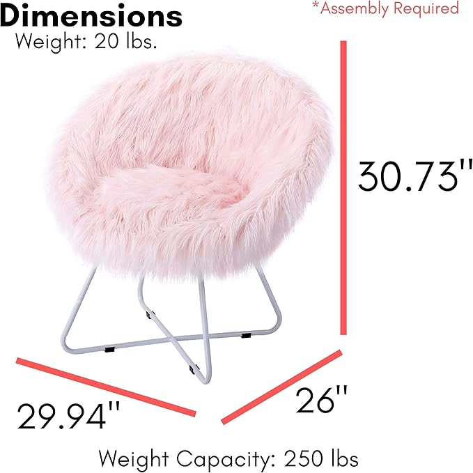 BIRDROCK HOME Faux Fur Papasan Chair with Black Legs - Luxuriously Soft & Lightweight - Wide Cushion Seat for Playroom, or Living Room - Moon Chair - Metal - Fluffy Round Seat - Circle - Pink