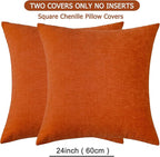 GAWAMAY Decorative Chenille Throw Pillow Covers 24x24 Inch Pack of 2, Soft Square Couch Pillow Cover for Sofa Cushion Living Room Bedroom Solid Dyed Pillowcases Burnt Orange 60x60cm (ONLY Covers)