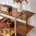 Glass Console Table for Living Room, Foyer & Entryway, L41 x W14 x H31 Inch, 3-Tier Mid-Century Modern Sofa Table with Amber Glass Top, Walnut Finish Wood Shelf and Gold Finish Frame