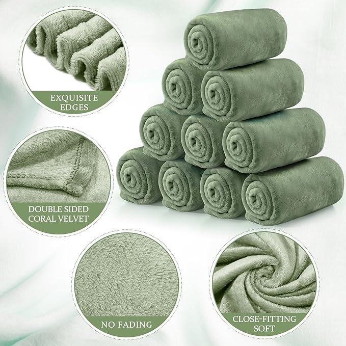 Tinideya 12 Pcs Flannel Fleece Throw Blanket Bulk 50 x 60 Inch Soft Fleece Blanket Warm Throw Blanket Coral Blankets for Couch Sofa Home Wedding Gifts Season (Sage Green)