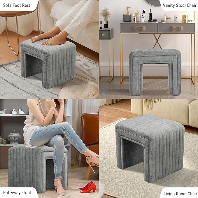 Get Set Style Vanity Stool Chair,Modern Velvet Ottoman Foot Stool with Wooden Legs Sofa Bench Footstool Extra Seat for Vanity,Makeup Room,Living Room,Entryway,Office (Fully Assembled) (Dark Grey)