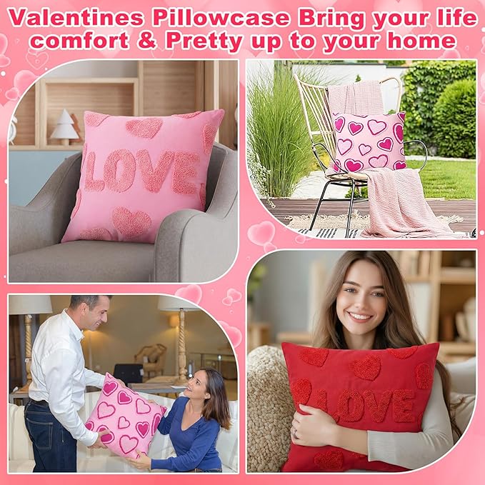 4 Pack Soft Valentines Throw Pillow Covers 18 x 18 Red Heart Square Pillow Covers with Zipper Cute Faux Fur Plush Pillows Cover for Valentines Day Sofa Bedroom Living Room